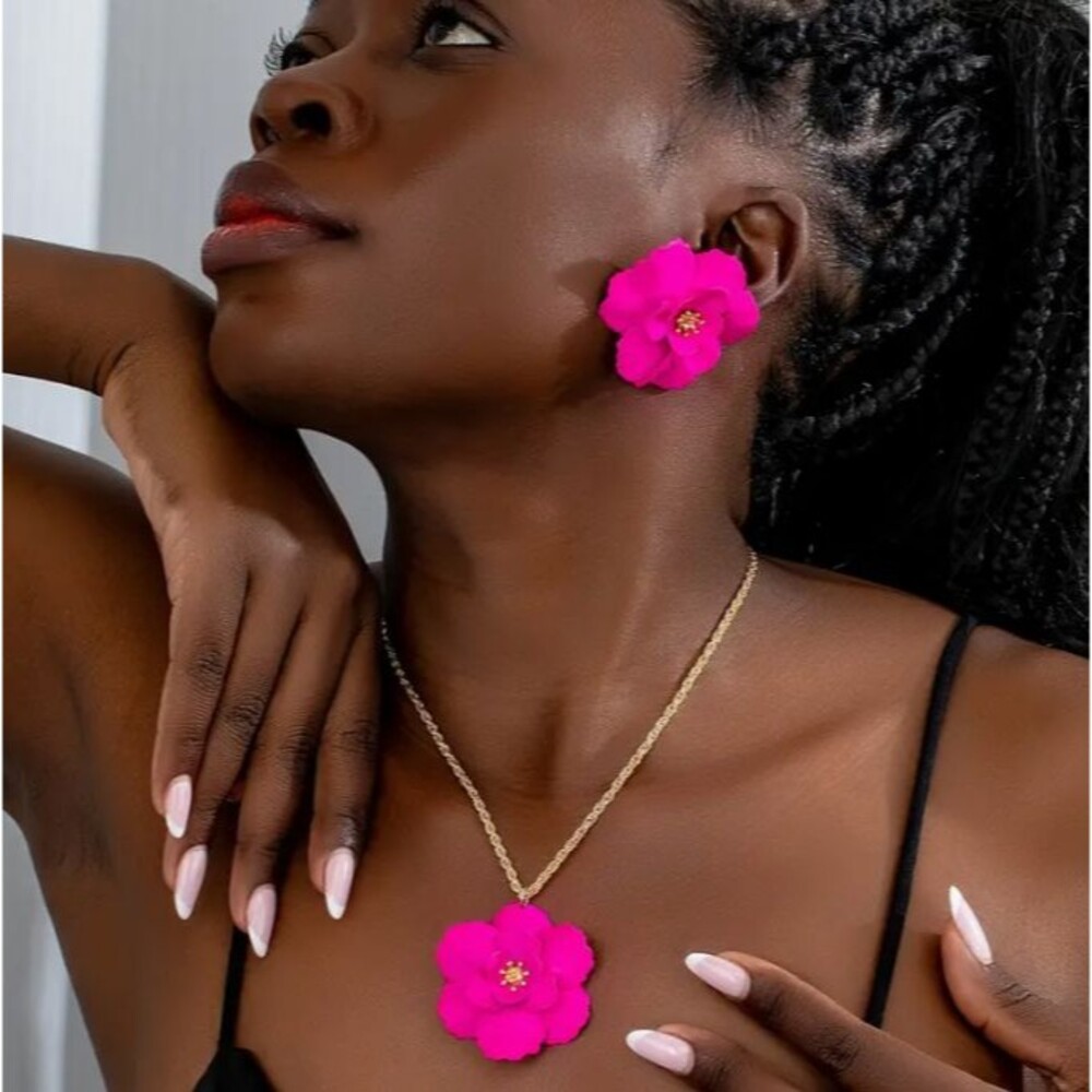 3 pc Bright Pink Flower Earrings NECKLACE Jewelry Set